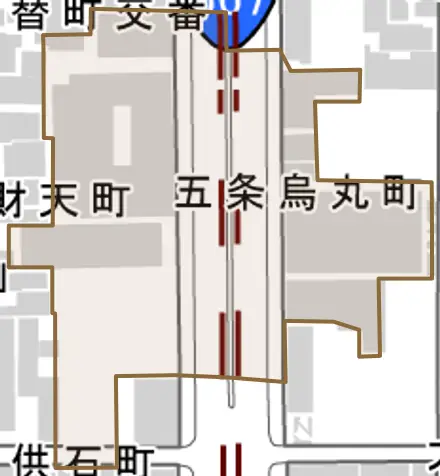 五条烏丸町とその周辺の地図。町の範囲を重ねている
