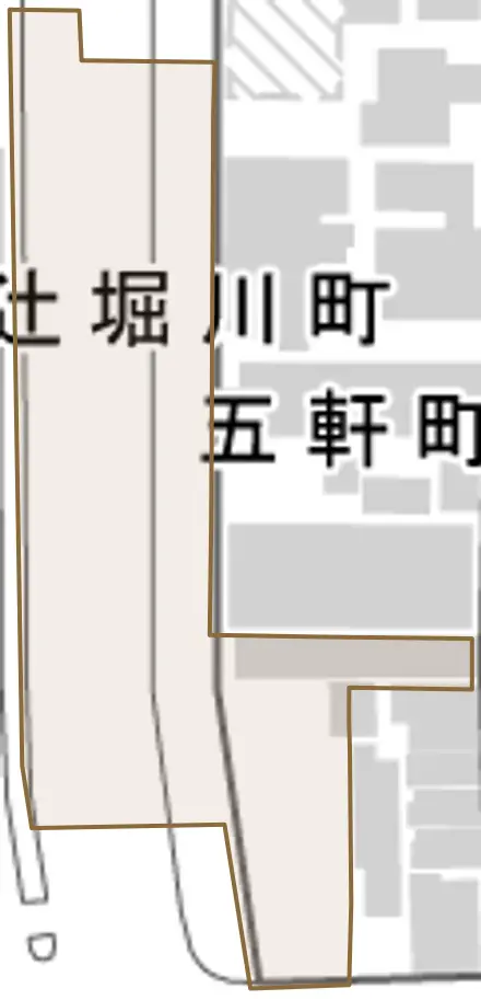 五軒町とその周辺の地図。町の範囲を重ねている