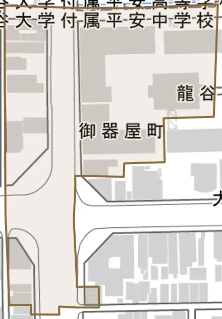 御器屋町とその周辺の地図。町の範囲を重ねている