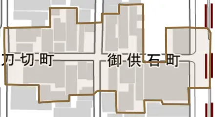 御供石町とその周辺の地図。町の範囲を重ねている
