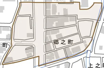 郷之町とその周辺の地図。町の範囲を重ねている