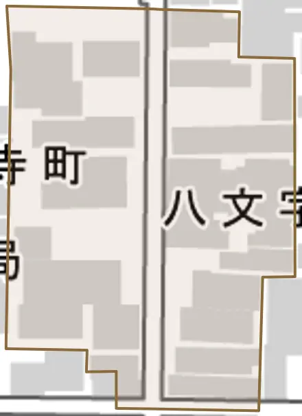 八文字町とその周辺の地図。町の範囲を重ねている