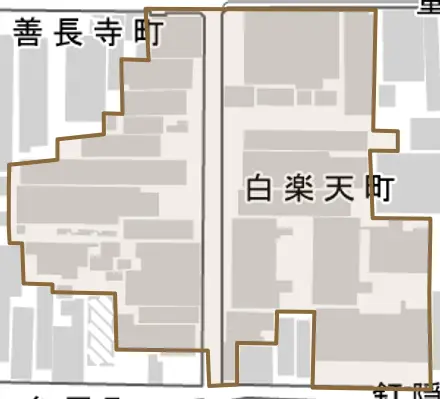 白楽天町とその周辺の地図。町の範囲を重ねている