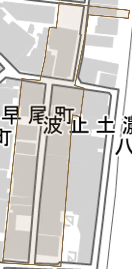 波止土濃町とその周辺の地図。町の範囲を重ねている