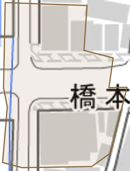 橋本町とその周辺の地図。町の範囲を重ねている