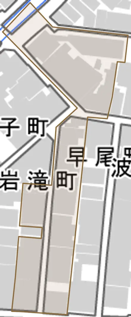 早尾町とその周辺の地図。町の範囲を重ねている