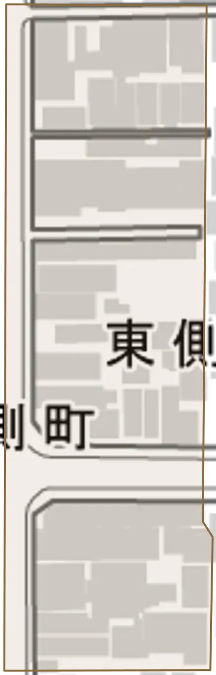 東側町とその周辺の地図。町の範囲を重ねている