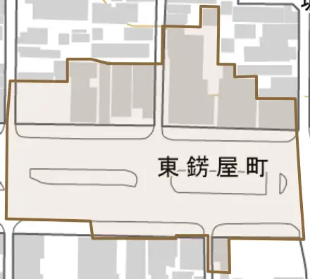 東錺屋町とその周辺の地図。町の範囲を重ねている