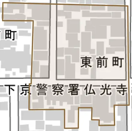 東前町とその周辺の地図。町の範囲を重ねている