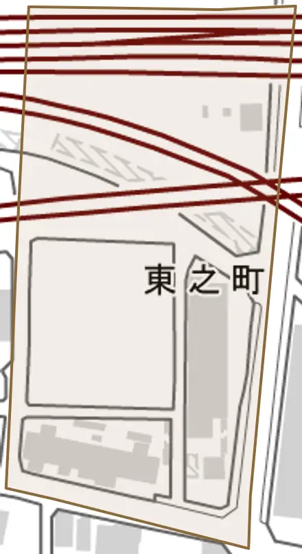東之町とその周辺の地図。町の範囲を重ねている