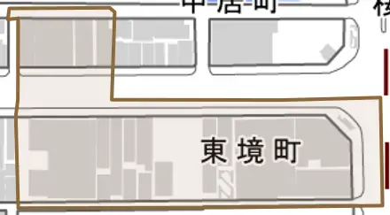 東境町とその周辺の地図。町の範囲を重ねている