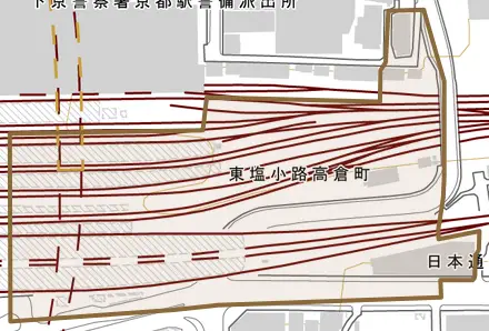 東塩小路高倉町とその周辺の地図。町の範囲を重ねている
