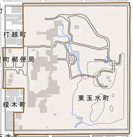 東玉水町とその周辺の地図。町の範囲を重ねている
