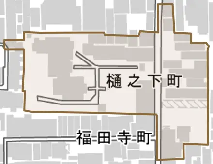 樋之下町とその周辺の地図。町の範囲を重ねている