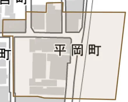 平岡町とその周辺の地図。町の範囲を重ねている