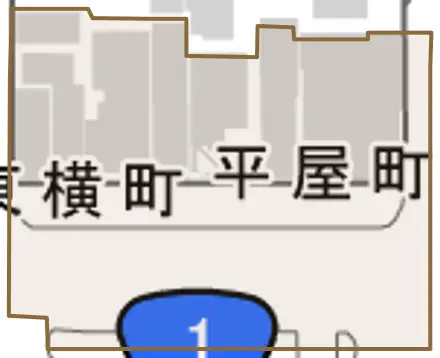 平屋町とその周辺の地図。町の範囲を重ねている