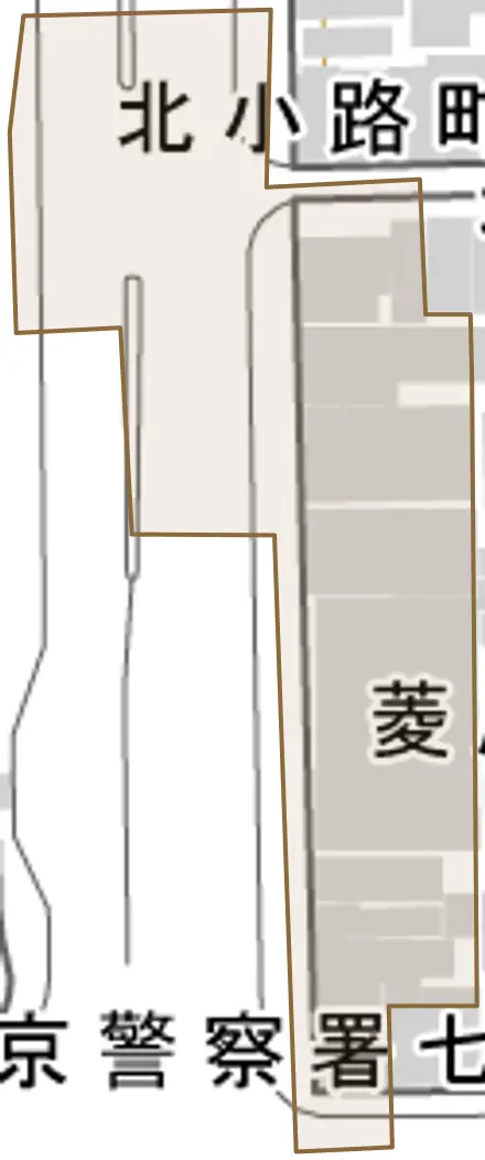 菱屋町とその周辺の地図。町の範囲を重ねている