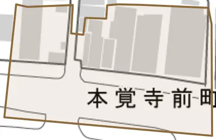 本覚寺前町とその周辺の地図。町の範囲を重ねている