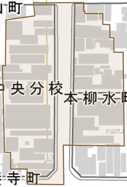 本柳水町とその周辺の地図。町の範囲を重ねている