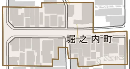 堀之内町とその周辺の地図。町の範囲を重ねている