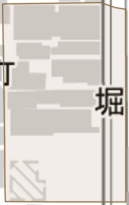 堀詰町とその周辺の地図。町の範囲を重ねている