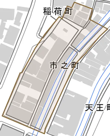 市之町とその周辺の地図。町の範囲を重ねている