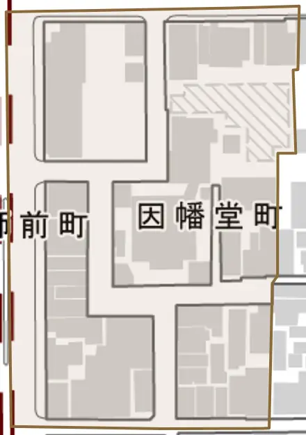 因幡堂町とその周辺の地図。町の範囲を重ねている