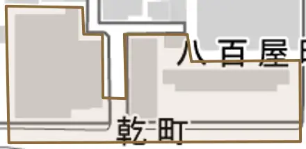 乾町とその周辺の地図。町の範囲を重ねている