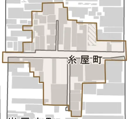 糸屋町とその周辺の地図。町の範囲を重ねている