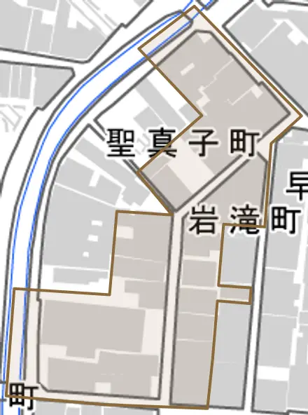 岩滝町とその周辺の地図。町の範囲を重ねている
