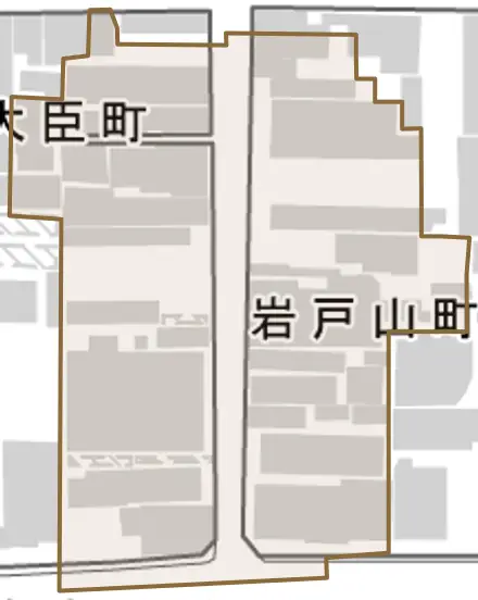 岩戸山町とその周辺の地図。町の範囲を重ねている