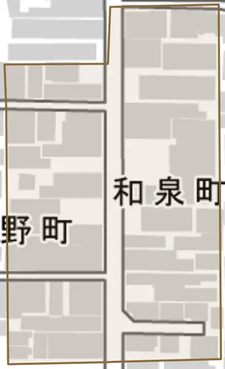 和泉町とその周辺の地図。町の範囲を重ねている