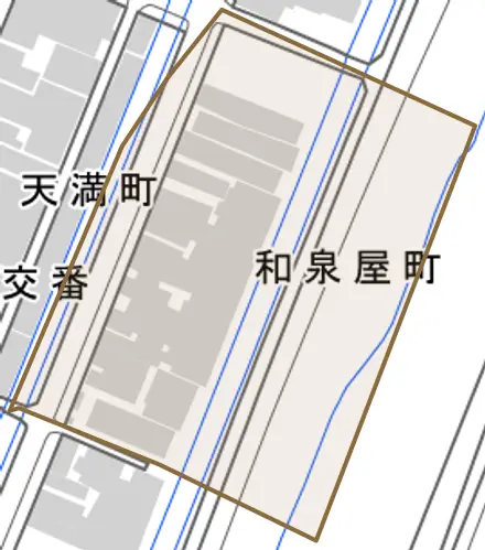 和泉屋町とその周辺の地図。町の範囲を重ねている