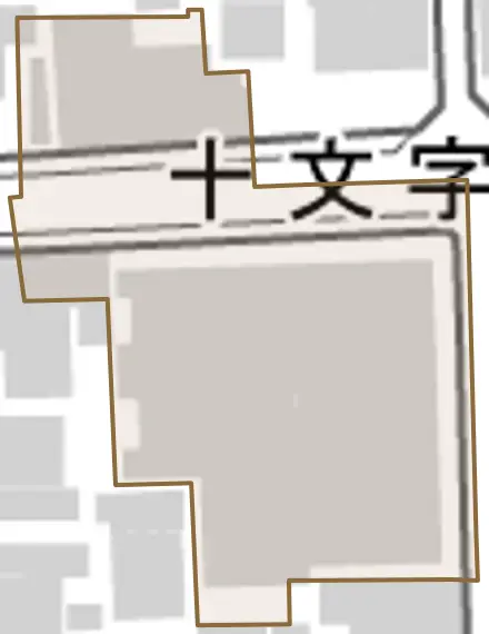 十文字町とその周辺の地図。町の範囲を重ねている