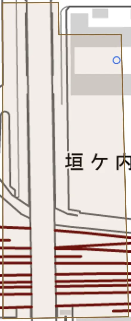 垣ケ内町とその周辺の地図。町の範囲を重ねている