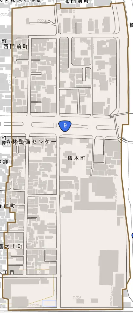柿本町とその周辺の地図。町の範囲を重ねている