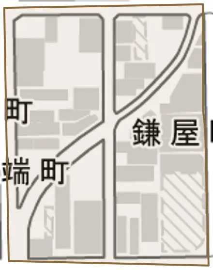 鎌屋町とその周辺の地図。町の範囲を重ねている