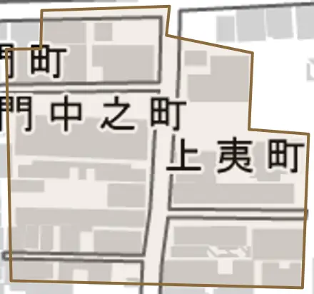 上夷町とその周辺の地図。町の範囲を重ねている