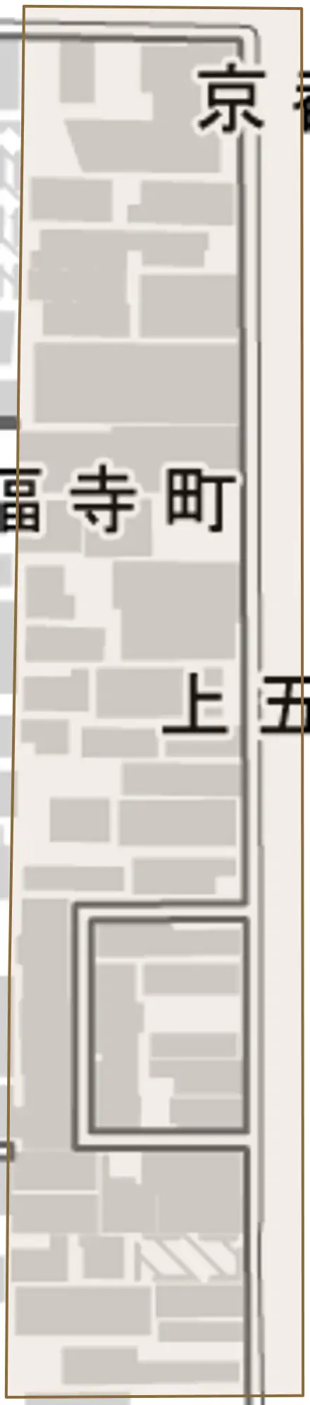 上五条町とその周辺の地図。町の範囲を重ねている