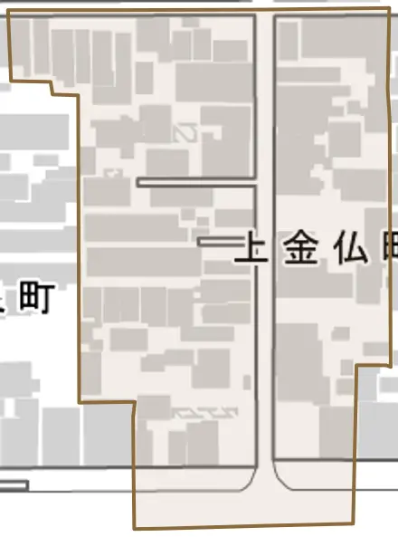 上金仏町とその周辺の地図。町の範囲を重ねている