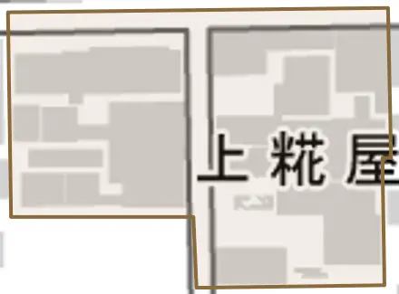 上糀屋町とその周辺の地図。町の範囲を重ねている