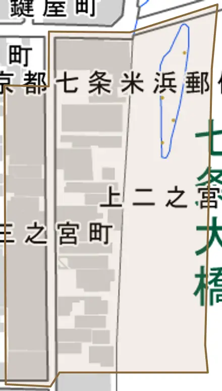 上二之宮町とその周辺の地図。町の範囲を重ねている