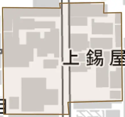 上錫屋町とその周辺の地図。町の範囲を重ねている