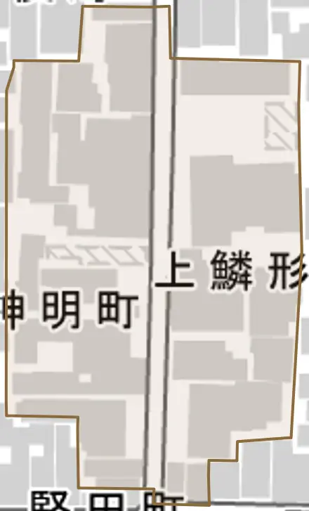 上鱗形町とその周辺の地図。町の範囲を重ねている