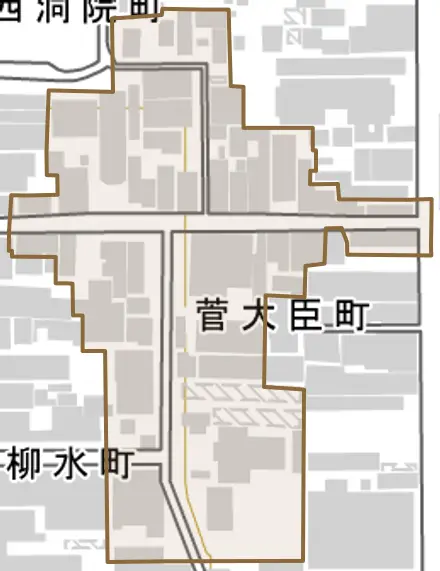 菅大臣町とその周辺の地図。町の範囲を重ねている