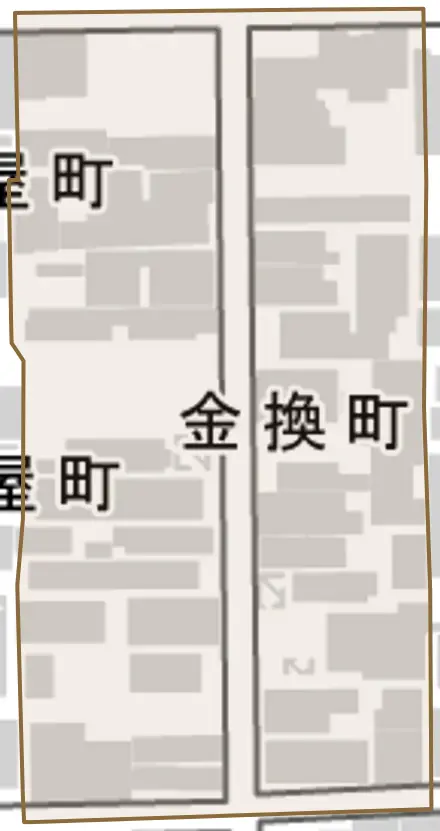 金換町とその周辺の地図。町の範囲を重ねている