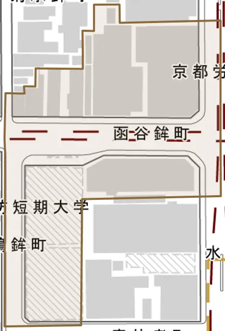 函谷鉾町とその周辺の地図。町の範囲を重ねている