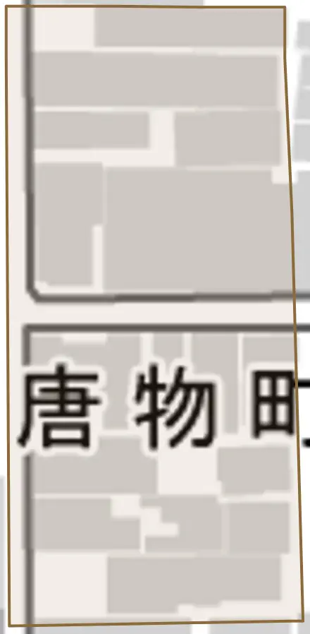 唐物町とその周辺の地図。町の範囲を重ねている