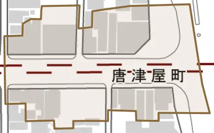 唐津屋町とその周辺の地図。町の範囲を重ねている