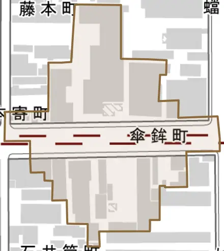 傘鉾町とその周辺の地図。町の範囲を重ねている